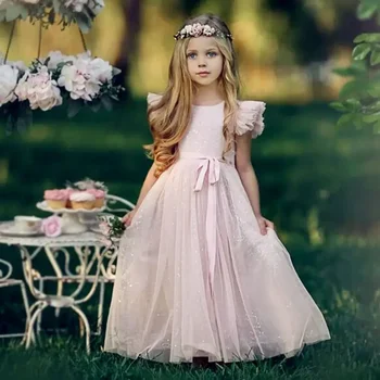 Светло розова рокля с цветя модел за момичета, Блестящ креп, рокля на принцеса трапецовидна форма за раждането на малко момиченце, Сватбена рокля за първо причастие