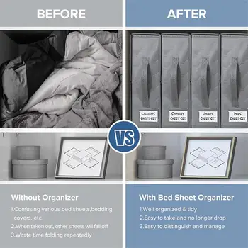 Сжимайте спално бельо за прецизно съхранение, маркирани клетки за съхранение на Организация чаршаф Увеличават пространство на гардероба, улесняват достъпа до постельному белью.