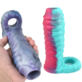 Силиконов фантазийный ръкав за пениса в рубчик с дракон, куха обвивка, вибратор за уголемяване на пениса, усилвател, секс играчки за мъже, задерживающие еякулацията
