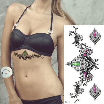 стикер с временна татуировка на гръдната кост под татуировка на гърдите, сексуална арабски етикети с татуировка с къна Менди, татуировка с бижута за грим на тялото за момичета