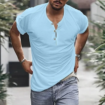 Тениска с кръгла яка, мъжки ежедневни обикновена тениска с V-образно деколте и копчета за мъжки, Летни Класически блузи, мъжки модни тениска оверсайз