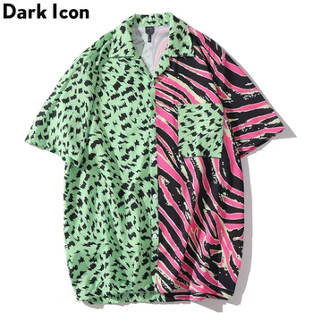 Тъмен иконата, цветен блок, ризи в стил мозайка в стил хип-хоп, отложной яка, Хавайски плаж на мъжки ризи с къс ръкав
