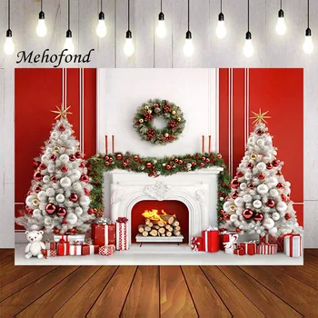 Фон за снимки Mehofond Червен Коледен камина Зимни Подаръци Коледно Дърво Детски Семеен портрет Декор на Фона на фотографско студио