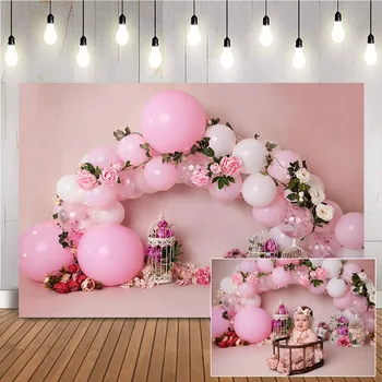 Цветя, дъга, монтиран на стената фон за снимки, на фона на разбиване на тортата за момичета на 1-ви рожден ден, на фона на фото студио, портрет на новородени деца