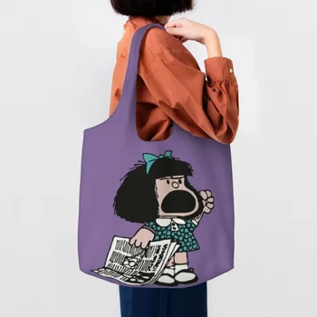 Чанта за пазаруване Mafalda Protesting Grocery Shopping Bag с принтом, холщовая пазарска чанта през рамо, голяма простор, трайни Класически чанти с анимационни герои, чанта