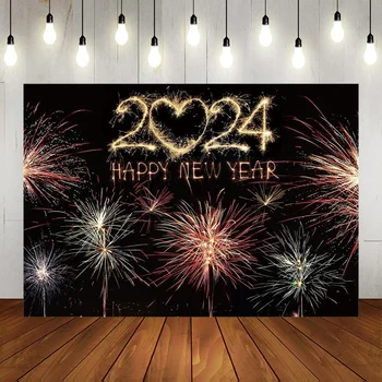 Черно златен фон за купоните за Нова Година, мигащ банер, фойерверки, подпори за фотосесия, фон за украса на празнични партита