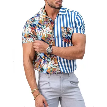 Шарени Реколта риза в стил мозайка, Лятна Мъжки Хавайска риза с къс ръкав, Мъжки Ежедневни Хавайски Плажни ризи с принтом, Мъжки топ Оверсайз